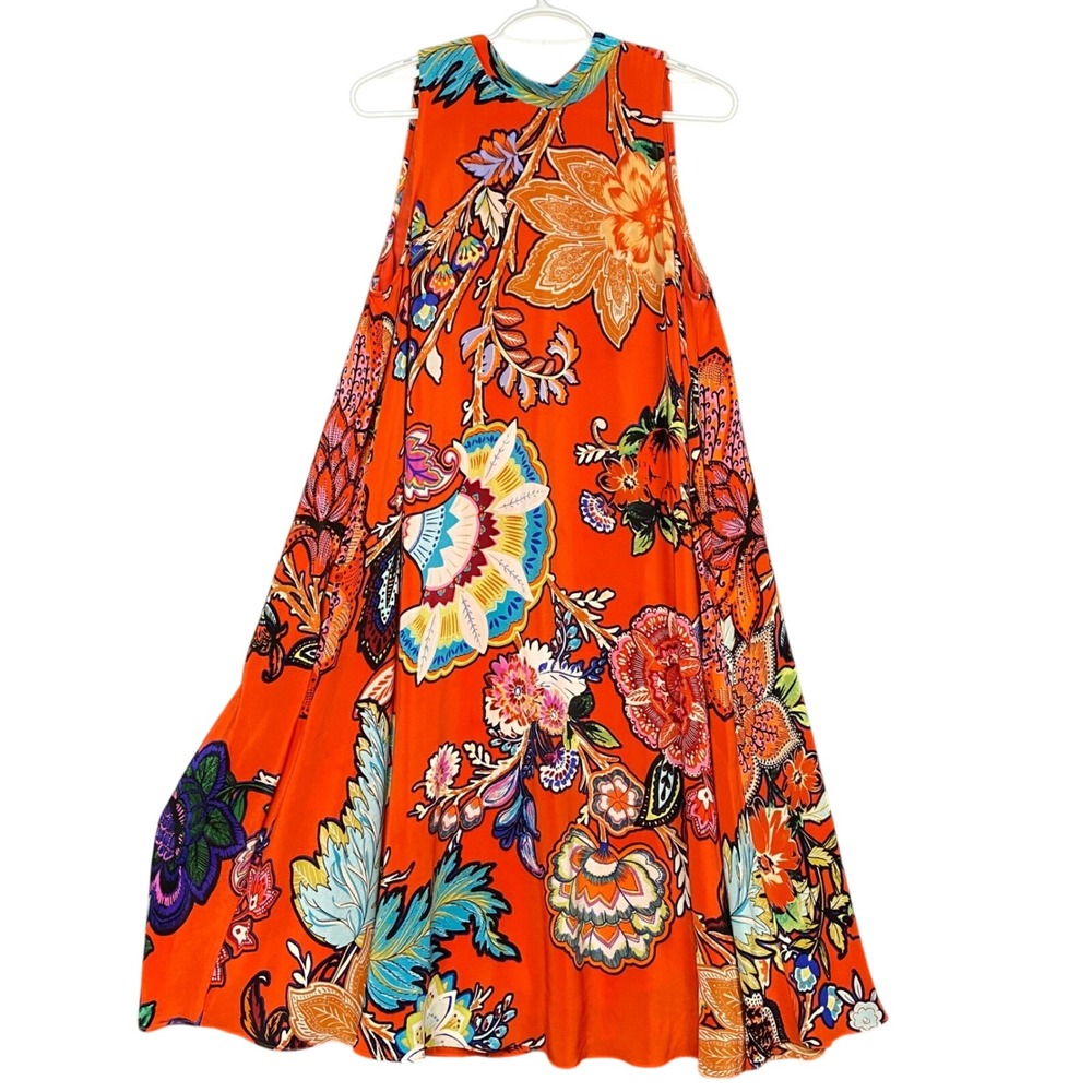 Maeve Anthropologie Small Orange Floral Silk Sleeveless Maxi Dress Bohemian‎
